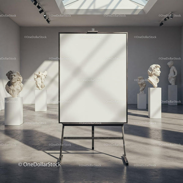 Blank easel in gallery with classical white sculptures JPG Mockup Image