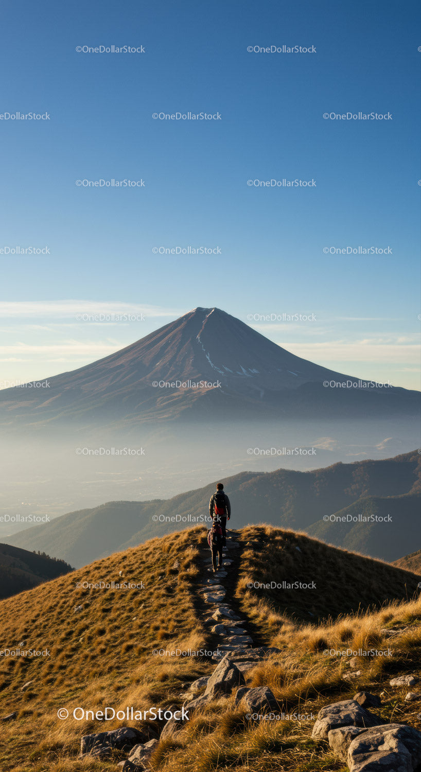 Majestic Mountain Peak with Hikers Walking Along Scenic Trail