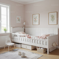 Bright and Cozy Children's Bedroom with White Crib and Floral Wall Art