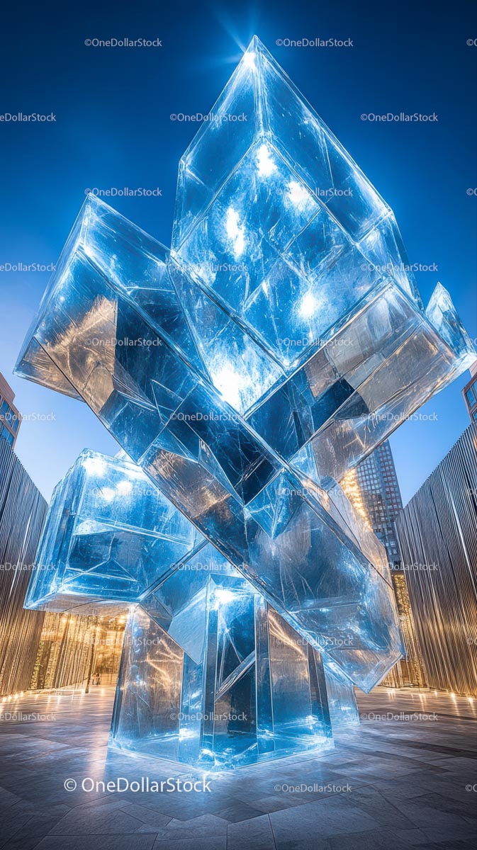 Futuristic Blue Glass Sculpture in City Square with Reflective Surfaces