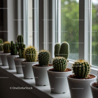 Collection of Potted Cacti and Succulents on Windowsill
