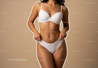 Elegant Woman in White Lingerie Fashion Pose on Beige Background