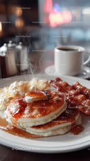 Stack of Fluffy Pancakes with Bacon and Maple Syrup with Coffee