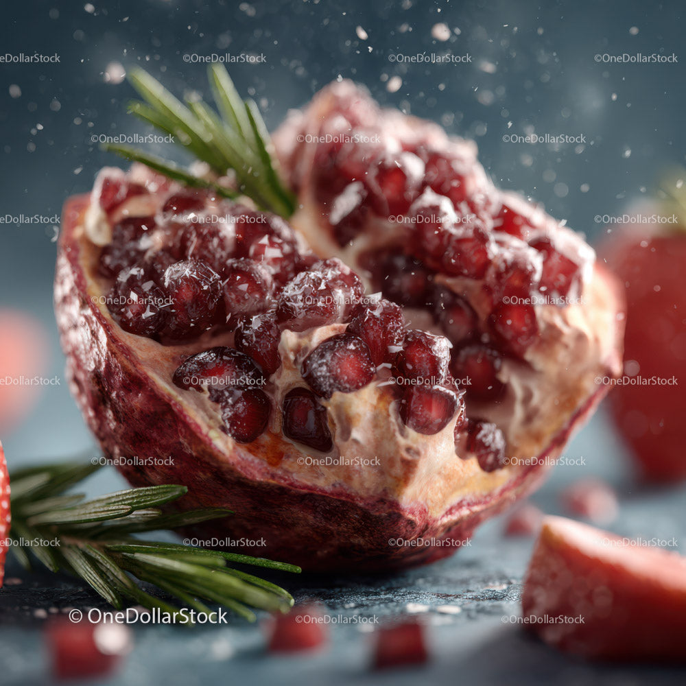 Fresh Juicy Pomegranate with Seed Clusters and Green Garnish
