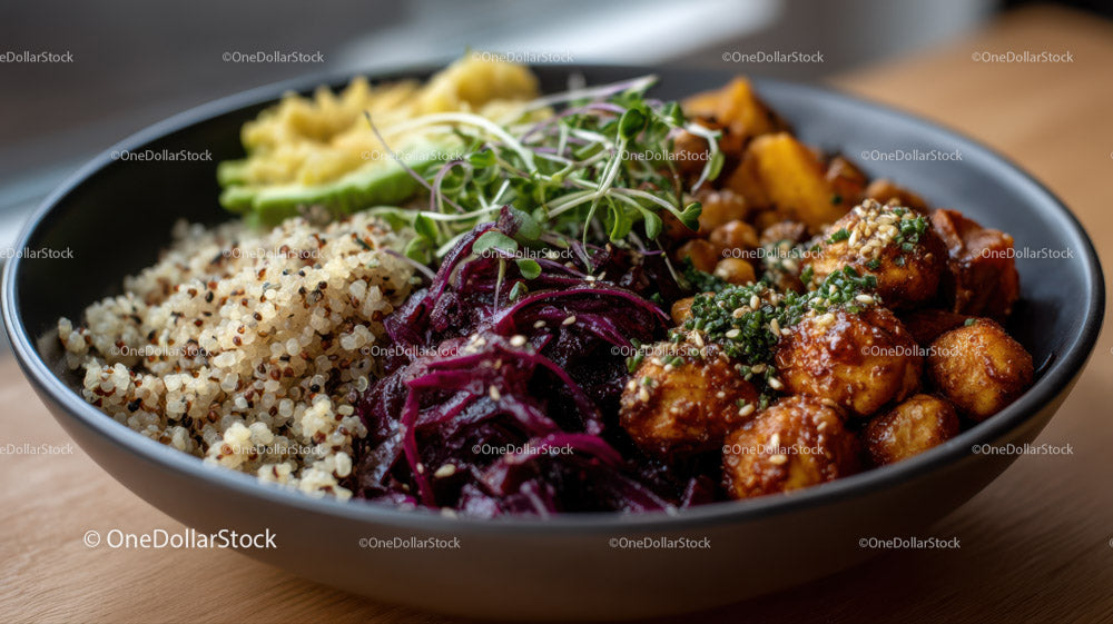 Vibrant Vegetarian Quinoa Bowl with Crispy Tofu and Fresh Vegetables
