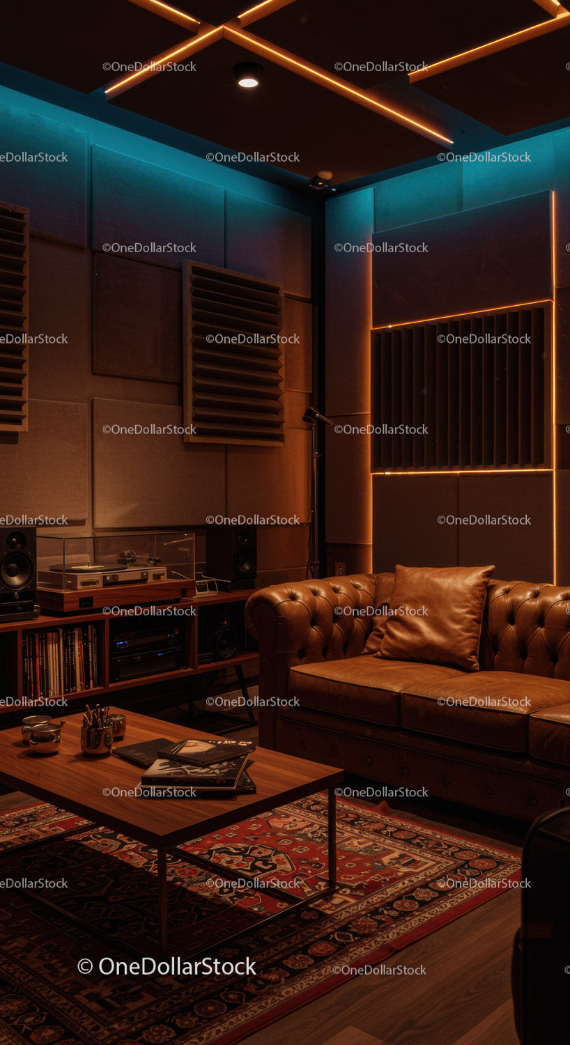 Cozy modern living room with vintage audio setup