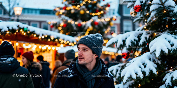 Man enjoying festive winter market with holiday lights