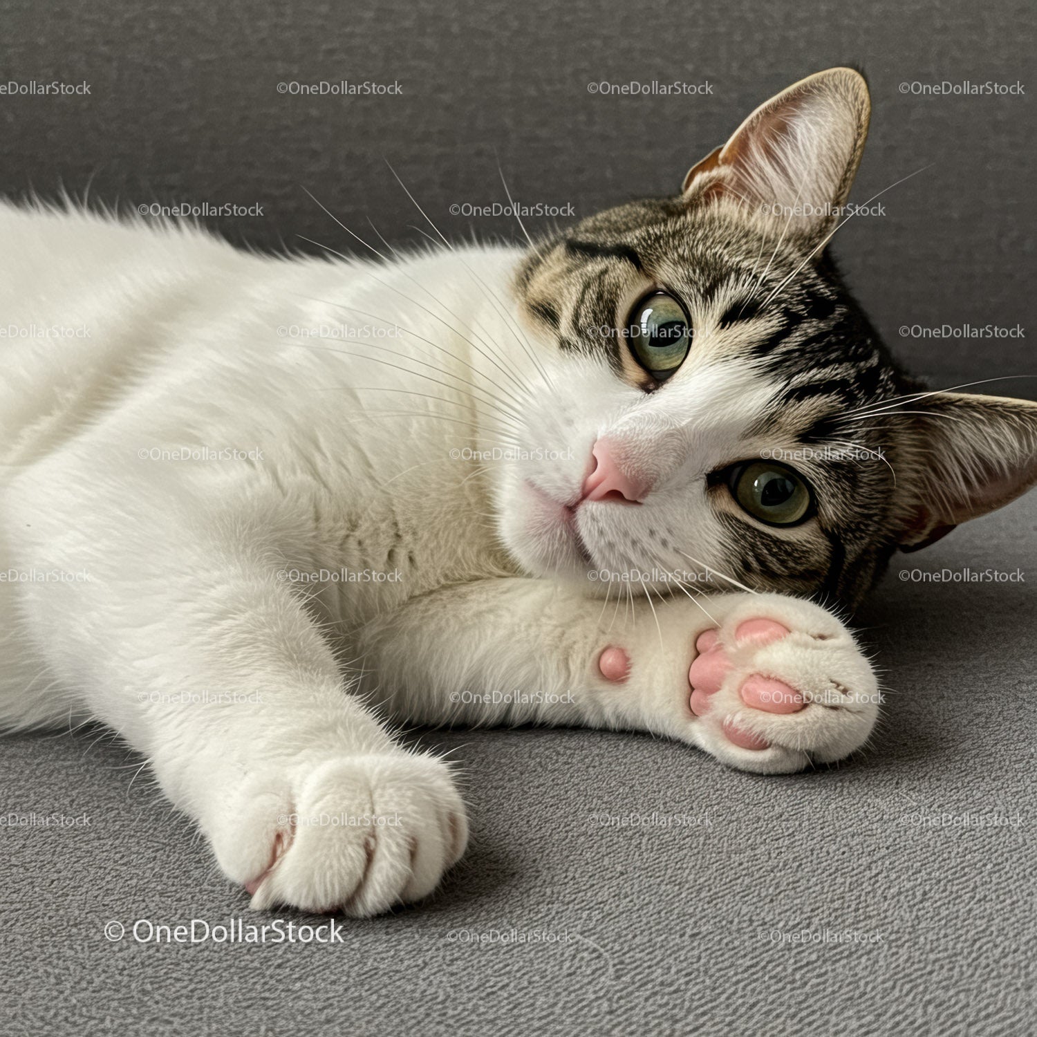 Relaxed tabby cat lying down with pink paw pads