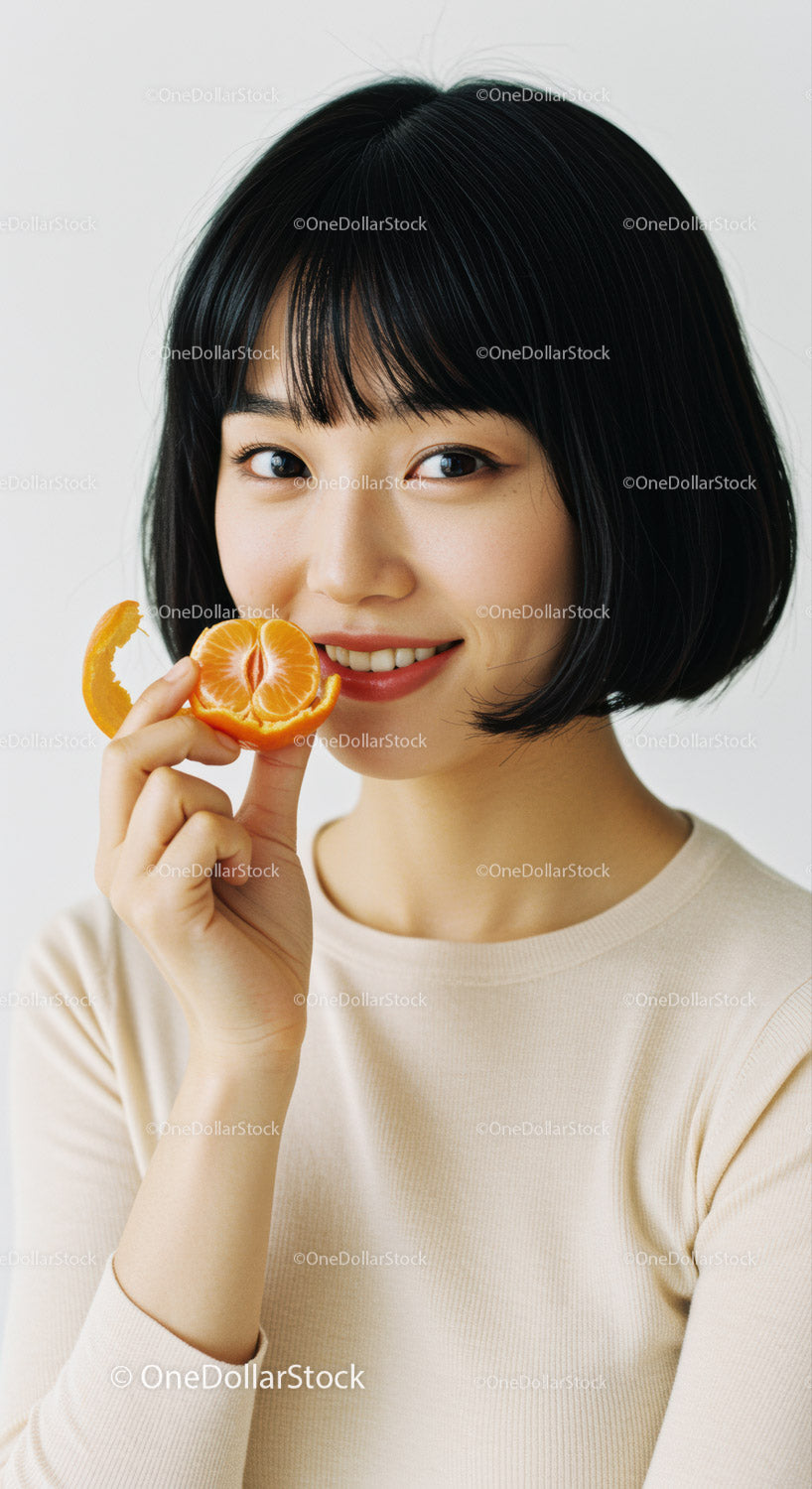Young Woman Smiling Holding Tangerine Slice for Fresh Fruit Snack