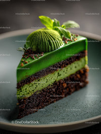 Green Matcha Cake with Chocolate Base and Artistic Garnish