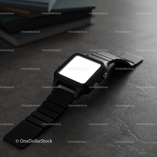 Modern black smartwatch on dark textured surface JPG Mockup Image