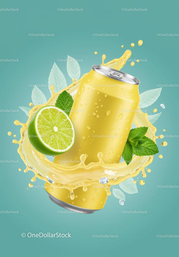 Refreshing Yellow Drink Can with Lime and Mint Splash JPG Mockup Image