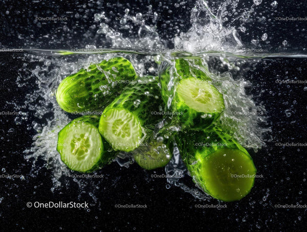 Fresh Cucumbers Slices Splashing Water Vibrant Green Vegetables