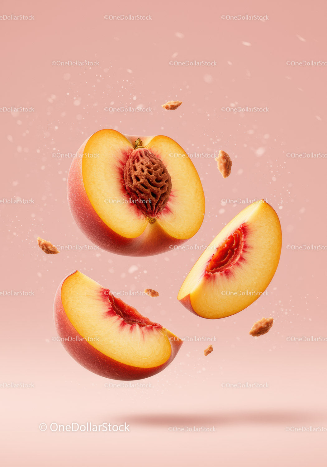 Fresh sliced peach segments with pit on soft background