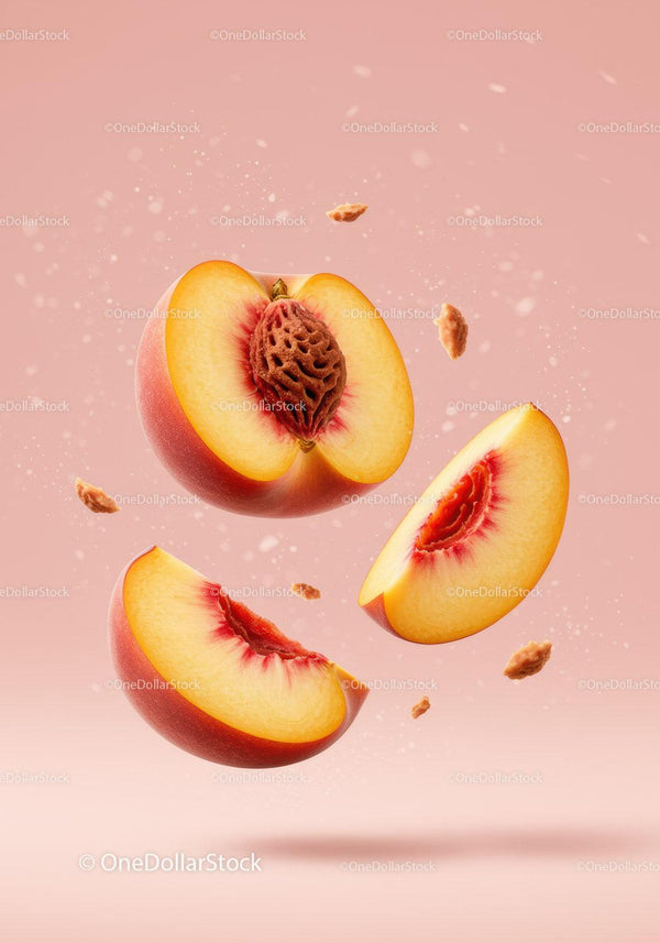 Fresh sliced peach segments with pit on soft background