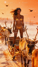 Confident woman in golden bikini with reindeer sled