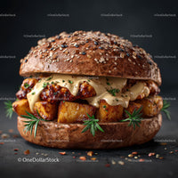 Gourmet Cheeseburger with Potato Wedges and Fresh Herbs
