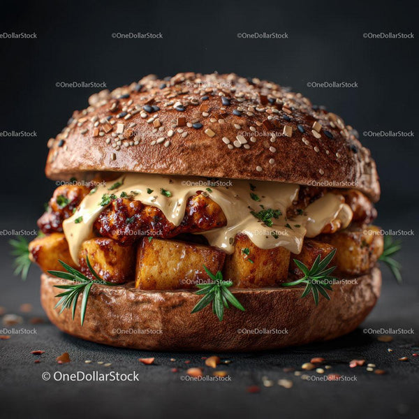 Gourmet Cheeseburger with Potato Wedges and Fresh Herbs