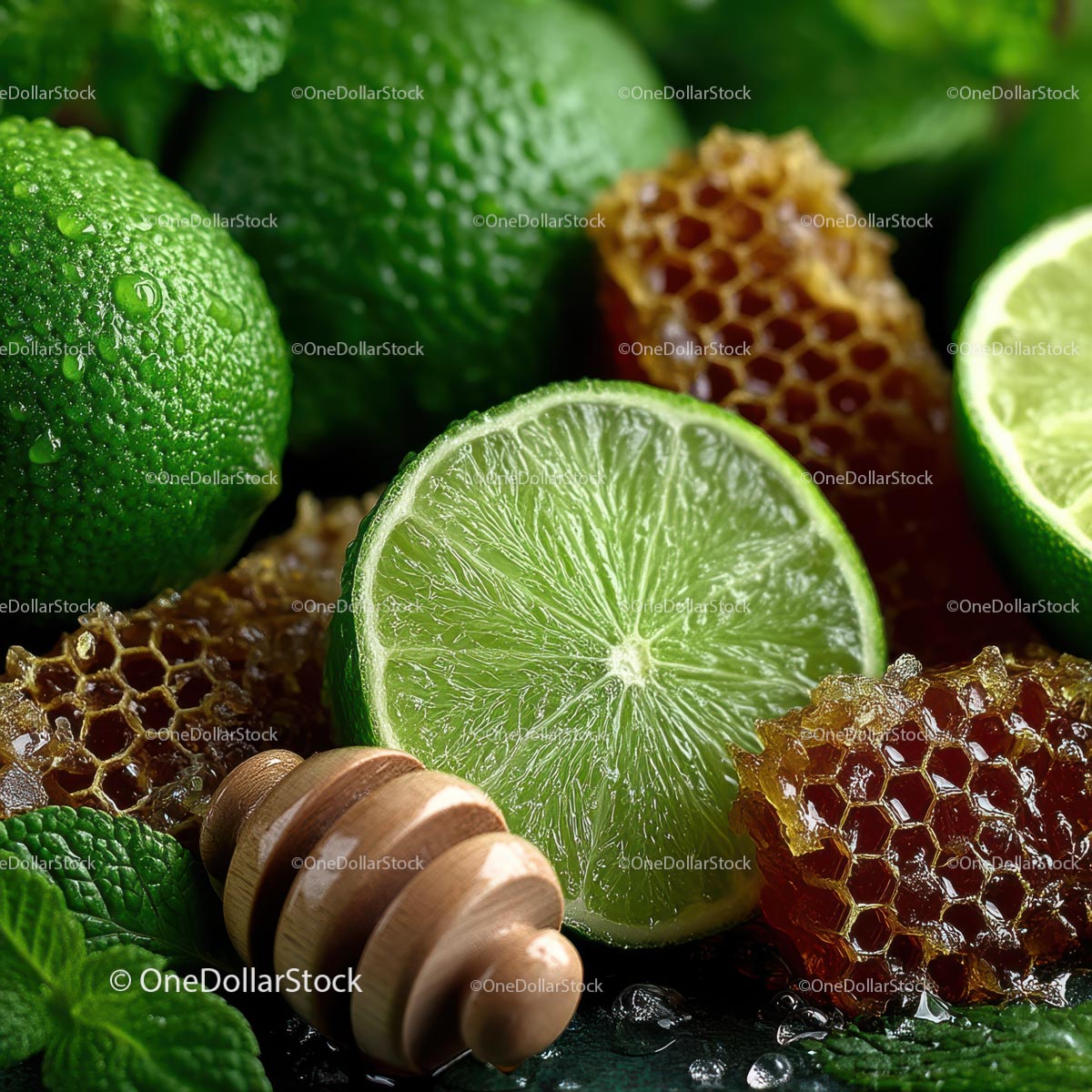Fresh Limes, Mint Leaves and Honeycomb for Delicious Recipes