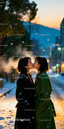 Couple Sharing a Tender Kiss on Snowy Winter Evening