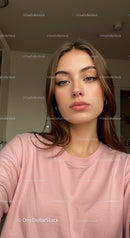 Young woman with natural makeup in casual setting