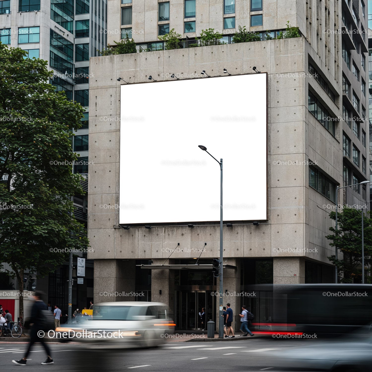 Urban street scene with large blank billboard on building