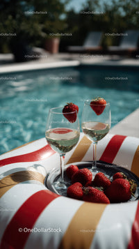 Strawberries and Sparkling Wine Glasses by Poolside in Summer Setting