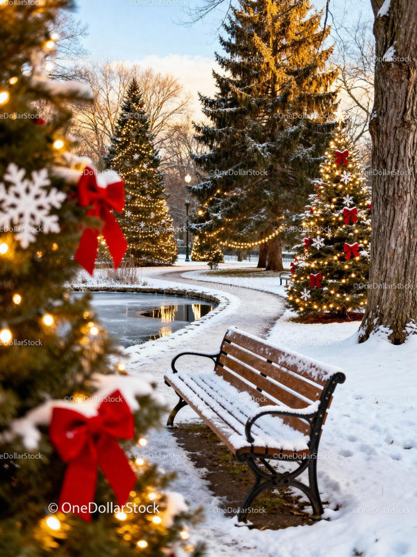 Snowy park bench near decorated Christmas trees with lights