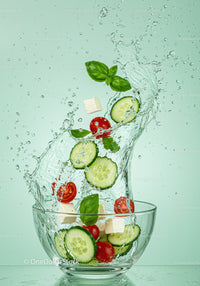 Fresh cucumber and tomato salad splashing into glass bowl