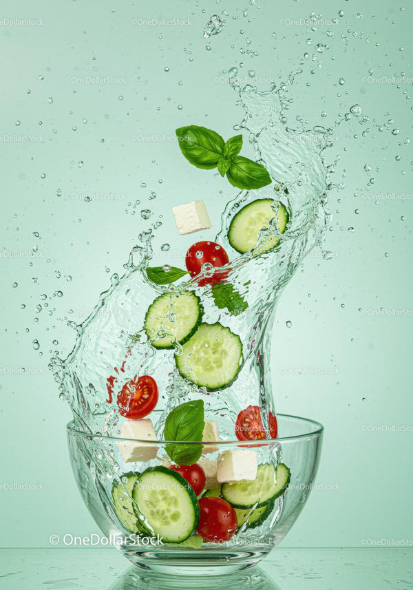 Fresh cucumber and tomato salad splashing into glass bowl