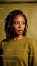 Contemplative young woman in olive green sweater