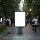 Digital advertising board on busy urban pedestrian street