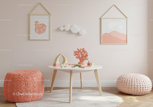 Modern Children's Room Decor with Pink Pouf and Coral Reef Art