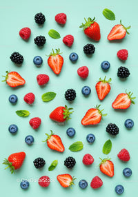 Variety of Fresh Berries and Mint Leaves on Blue Surface
