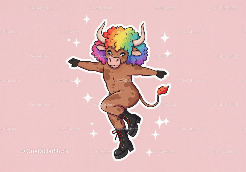Colorful cartoon bull with rainbow hair in playful pose