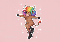 Colorful cartoon bull with rainbow hair in playful pose