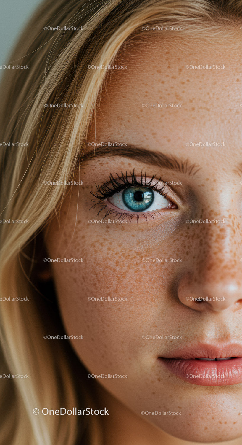 Close Up of Blue Eye and Freckled Skin
