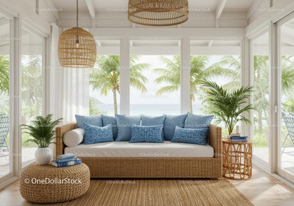 Przytulny salon przy plaży z rattanową sofą i widokiem na ocean