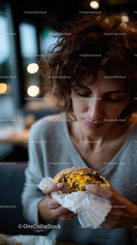 Woman Enjoying Juicy Cheeseburger in Cozy Modern Restaurant