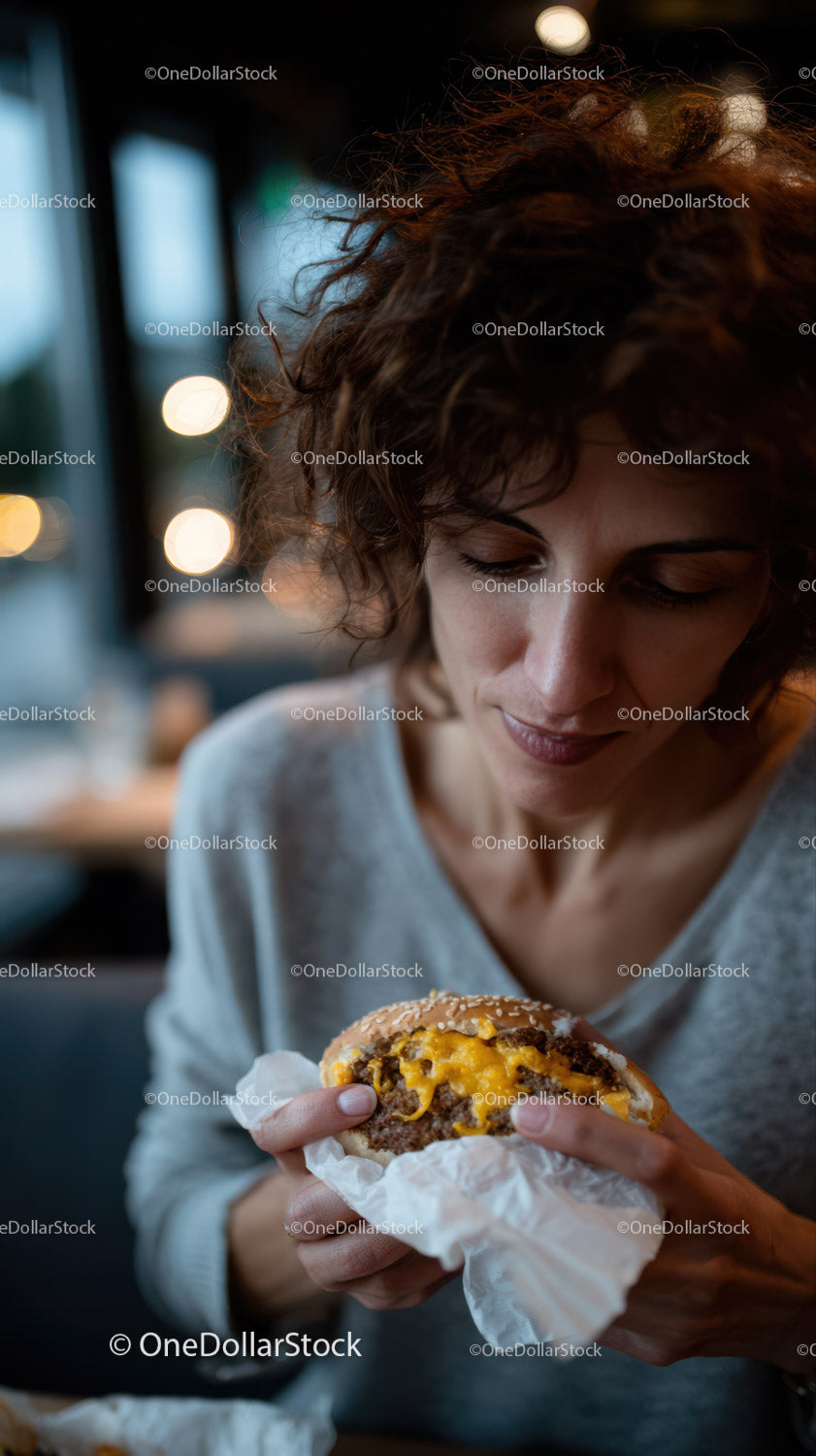 Woman Enjoying Juicy Cheeseburger in Cozy Modern Restaurant