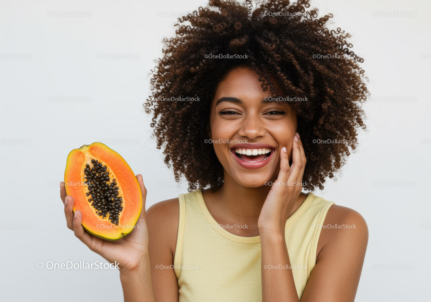 Smiling Woman with Juicy Papaya in a Bright Minimalist Setting
