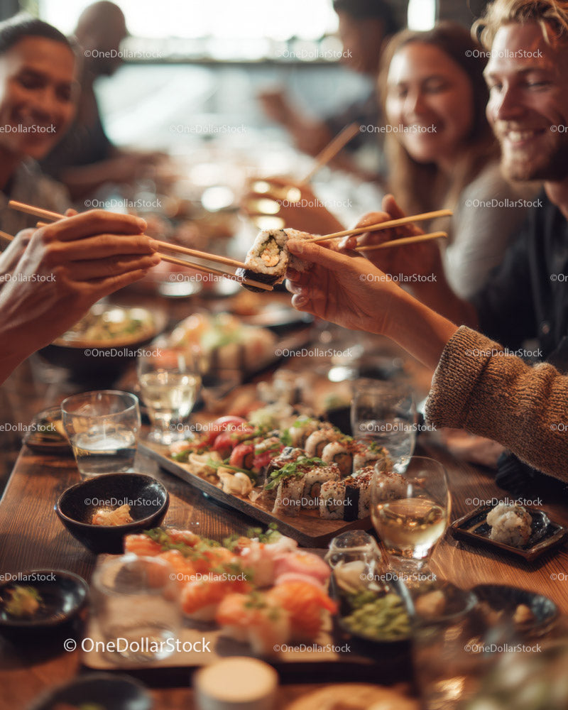 Group of Friends Sharing Sushi Platter with Chopsticks in Casual Dining Setting