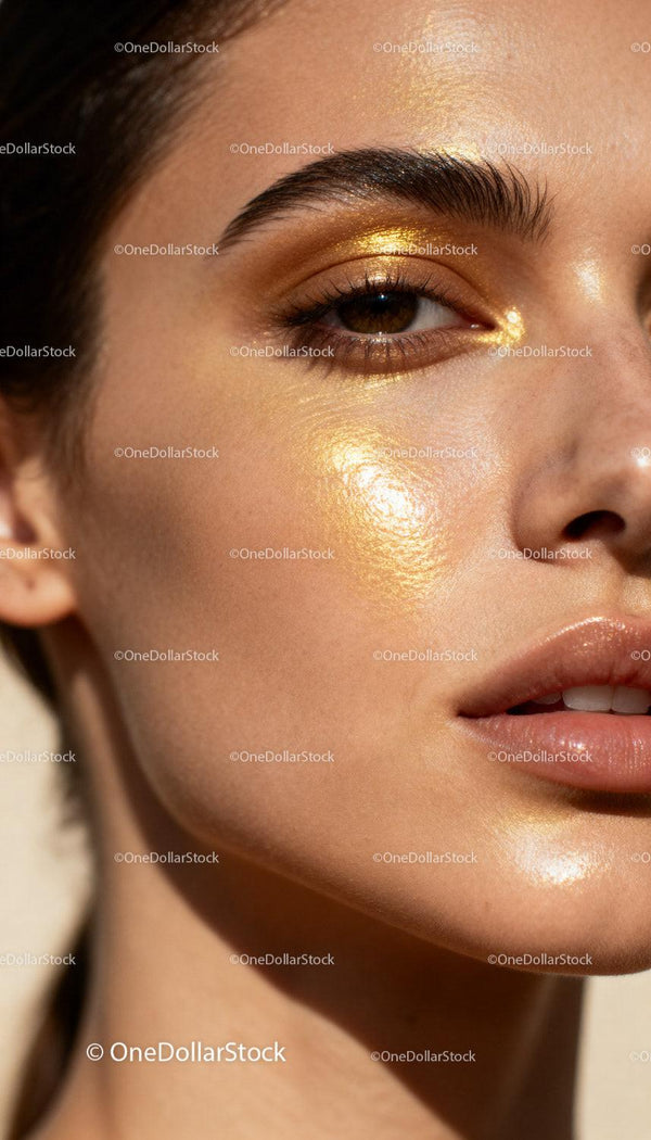 Close up of woman with golden shimmering makeup