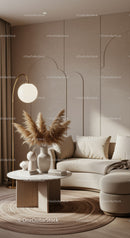 Cozy beige living room with modern decor and soft lighting
