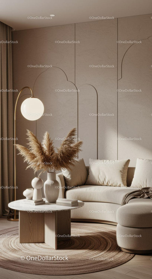 Cozy beige living room with modern decor and soft lighting