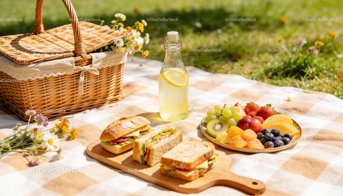 Fresh Picnic Spread with Sandwiches and Fruit in Sunlight