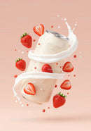 Creamy drink can with fresh strawberries and milk splash