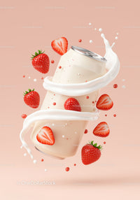 Creamy drink can with fresh strawberries and milk splash