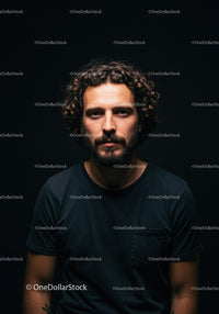 Thoughtful man with curly hair in dark t-shirt portrait