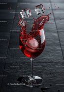 Red drink splashing with ice cubes in wine glass